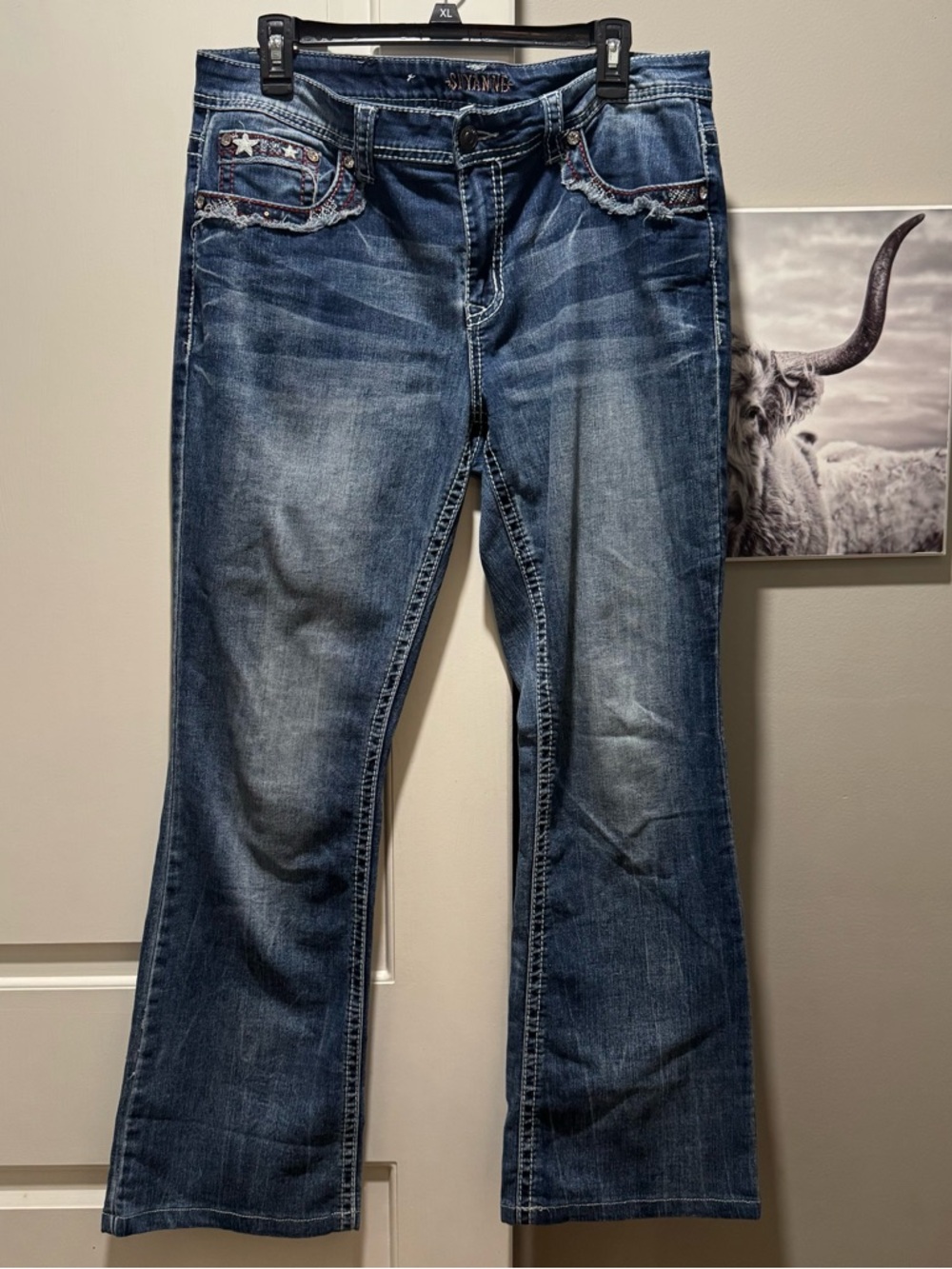 Shyanne Women Jeans 33R Blue Denim Bootcut Pocket Embroidery Western